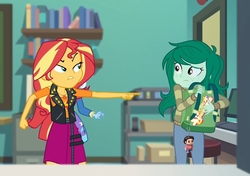 Size: 1398x984 | Tagged: safe, edit, edited screencap, screencap, sunset shimmer, trixie, wallflower blush, equestria girls, equestria girls specials, g4, my little pony equestria girls: better together, my little pony equestria girls: forgotten friendship, bag, book, classroom, clothes, door, fangirl, female, get out, jacket, keychain, pants, parody, pointing, steven quartz universe, steven universe