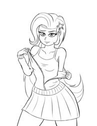 Size: 700x900 | Tagged: safe, artist:artattax, trixie, equestria girls, g4, black and white, female, grayscale, lineart, long hair, looking at you, monochrome, simple background, solo, undressing, white background