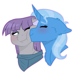 Size: 1116x1103 | Tagged: safe, artist:artistcoolpony, maud pie, trixie, earth pony, pony, unicorn, g4, blushing, eyes closed, female, floppy ears, kissing, lesbian, mare, one eye closed, ship:mauxie, shipping, simple background, transparent background