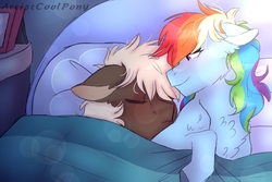 Size: 1800x1200 | Tagged: safe, artist:artistcoolpony, dumbbell, rainbow dash, g4, bed, chest fluff, dumbdash, female, male, shipping, sleeping, straight