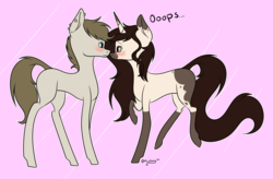 Size: 1911x1251 | Tagged: safe, artist:lceiandic, oc, oc only, oc:mico, earth pony, pony, unicorn, blushing, female, male, shipping, straight