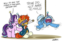 Size: 2385x1566 | Tagged: safe, artist:bobthedalek, starlight glimmer, sunburst, trixie, pony, unicorn, g4, abuse, baseball bat, birthday, blindfold, cape, clothes, dialogue, ear plugs, eyes closed, female, glasses, hat, male, mare, mouth hold, open mouth, party, party hat, piñata, simple background, sitting, smiling, stallion, this will end in pain, trixiebuse, white background, yelling