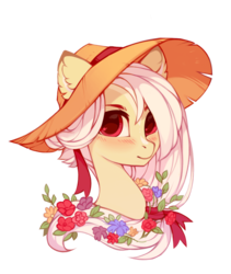 Size: 700x829 | Tagged: safe, artist:lispp, oc, oc only, oc:laeticia la pucelle, blushing, bust, female, flower, flower in hair, hat, looking at you, mare, portrait, simple background, solo, straw hat, transparent background