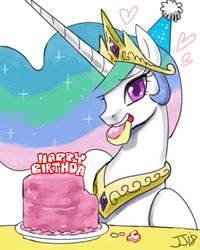 Size: 700x875 | Tagged: safe, artist:johnjoseco, princess celestia, alicorn, pony, birthday, cake, cakelestia, cute, cutelestia, female, food, happy, hat, heart, lidded eyes, looking at you, mare, mouth hold, nicole oliver, open mouth, party hat, simple background, sitting, smiling, solo, white background