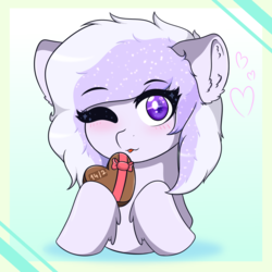 Size: 1024x1024 | Tagged: safe, artist:enderspringminer, oc, oc only, oc:starstorm slumber, pegasus, pony, blushing, chocolate, chocolate heart, commission, cute, female, food, heart, holiday, one eye closed, solo, valentine, valentine's day, wink