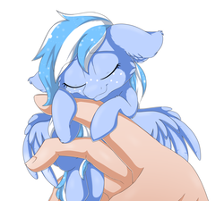 Size: 3000x2700 | Tagged: safe, artist:tlo-arts, oc, oc only, oc:falling skies, human, pegasus, pony, blue coat, blue mane, commission, cute, hand, high res, hug, in goliath's palm, micro, ocbetes, tiny ponies, white mane, ych result