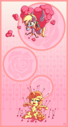 Size: 1920x3572 | Tagged: safe, artist:pirill, carrot top, derpy hooves, golden harvest, earth pony, pegasus, pony, g4, annoyed, arrow, background pony, bow, cloud, cupid, female, flower, heart, heart arrow, hearts and hooves day, holiday, rose, valentine's day