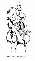 Size: 1854x3191 | Tagged: safe, artist:duragan, dj pon-3, vinyl scratch, pony, g4, bipedal, bow (instrument), cello, cello bow, crying, feels, formal, implied death, ink, musical instrument, sad, solo, tears of joy, traditional art, tragedy