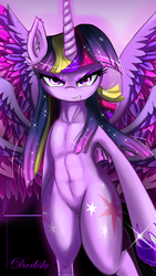 Size: 900x1600 | Tagged: safe, artist:darksly, twilight sparkle, alicorn, pony, semi-anthro, g4, abs, angry, belly, belly button, close-up, female, horn, multiple wings, princess, solo, twilight sparkle (alicorn), updated, wings
