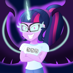 Size: 1500x1500 | Tagged: safe, artist:xethshade, sci-twi, twilight sparkle, equestria girls, g4, bromine, bruh, clothes, corrupted, crossed arms, elements, evil, female, grin, hydrogen, looking at you, midnight sparkle, periodic table, possessed, smiling, solo, uranium, wings