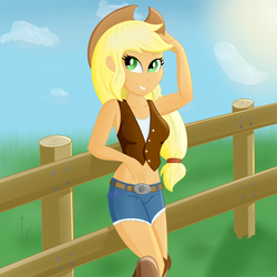 Size: 1500x1500 | Tagged: safe, artist:xethshade, applejack, equestria girls, g4, clothes, cowboy hat, female, fence, hat, shorts, solo, stetson