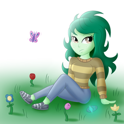 Size: 1500x1500 | Tagged: safe, artist:xethshade, wallflower blush, butterfly, equestria girls, equestria girls series, forgotten friendship, g4, clothes, female, grass, memory stone, pants, shoes, sitting, solo, sweater, wallflower and plants