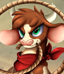 Size: 1722x2003 | Tagged: safe, artist:pridark, part of a set, arizona (tfh), cow, them's fightin' herds, bandana, bust, community related, female, lasso, mouth hold, portrait, rope, smiling, solo