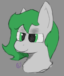 Size: 550x650 | Tagged: safe, artist:blacklightbuggo, oc, oc only, oc:arbor, earth pony, pony, digital art, female, gray background, green eyes, green mane, high as fuck, lidded eyes, mare, simple background, sketch, smiling, solo