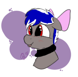 Size: 616x607 | Tagged: safe, artist:blacklightbuggo, oc, oc only, oc:bassy, pegasus, pony, blushing, bow, collar, cute, male, multicolored hair, red eyes, smiling, solo, stallion, tongue out, trap