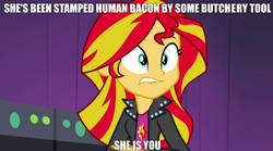 Size: 1280x714 | Tagged: safe, edit, edited screencap, screencap, sunset shimmer, equestria girls, g4, bacon, bacon hair, female, fixed, food, genesis, image macro, lip bite, lyrics, meat, meme, solo, song reference, supper's ready, text