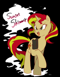 Size: 1400x1800 | Tagged: safe, artist:potetecyu_to, sunset shimmer, pony, unicorn, g4, bag, black background, female, mare, simple background, solo