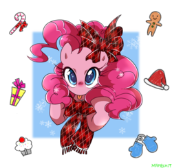 Size: 1100x1080 | Tagged: safe, artist:potetecyu_to, pinkie pie, earth pony, pony, g4, :p, abstract background, bow, candy, candy cane, christmas, clothes, colored pupils, cupcake, cute, diapinkes, female, food, gingerbread (food), gingerbread man, hat, holiday, looking at you, mare, present, ribbon, santa hat, scarf, solo, tongue out