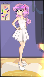 Size: 2721x4677 | Tagged: safe, artist:derpyramone, sweetie belle, equestria girls, g4, clothes, dress, female, hand on hip, human coloration, light skin, one eye closed, pose, room, see-through, shoes, smiling, solo, wink