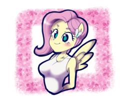 Size: 1080x900 | Tagged: safe, artist:potetecyu_to, fluttershy, equestria girls, g4, breasts, busty fluttershy, clothes, cute, cutie mark accessory, cutie mark hair accessory, female, hair accessory, jewelry, ponied up, solo, tank top