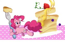Size: 1200x790 | Tagged: safe, artist:potetecyu_to, pinkie pie, earth pony, pony, g4, blueberry, female, food, fork, mare, micro, pancakes, solo, strawberry, syrup, tiny, tiny ponies