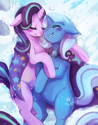 Size: 1135x1445 | Tagged: safe, artist:cherivinca, starlight glimmer, trixie, pony, unicorn, g4, blushing, cape, clothes, cute, diatrixes, duo, duo female, eyes closed, female, floppy ears, glimmerbetes, horn, lesbian, mare, nuzzling, ship:startrix, shipping, smiling, snow, snuggling, trixie's cape