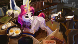 Size: 1956x1100 | Tagged: safe, artist:lostdragon01, oc, oc only, oc:d, oc:lapush buns, bunnycorn, gypsy vanner, pony, unicorn, bowtie, drool, egg, egg shells, food, kitchen, male, meat, painting, pan, ponies eating meat, stallion, stove, table, tongue out, unshorn fetlocks