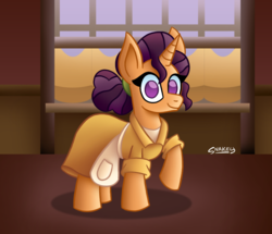 Size: 894x768 | Tagged: safe, artist:snakeythingy, saffron masala, pony, unicorn, g4, african american, apron, black mane, chef, clothes, clothes swap, crossover, curly mane, disney, looking at you, princess tiana, the princess and the frog, tiana, waitress, yellow dress