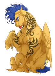 Size: 1300x1800 | Tagged: dead source, safe, artist:makkah, flash sentry, pony, g4, buff, flash hunktry, flex sentry, male, muscles, simple background, solo, tongue out, torn ear, transparent background