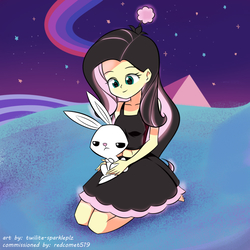 Size: 1000x1000 | Tagged: safe, artist:twilite-sparkleplz, angel bunny, fluttershy, equestria girls, g4, barefoot, belly button, clothes, cosplay, costume, crossover, cute, feet, halloween, halloween costume, hanazuki: full of treasures, holiday, midriff, planet, shyabetes, skirt, smiling, space, stars, tank top, toes, unamused