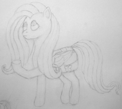 Size: 1524x1357 | Tagged: safe, derpibooru exclusive, fluttershy, pony, g4, female, frown, looking up, mare, pencil drawing, rain, saddle bag, sketch, solo, traditional art, underhoof, wip