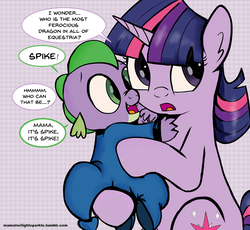Size: 1110x1022 | Tagged: safe, artist:mamatwilightsparkle, spike, twilight sparkle, dragon, pony, unicorn, g4, baby, baby spike, clothes, cute, cutie mark, female, footed sleeper, holding a dragon, horn, male, mama twilight, pajamas, simple background, speech bubble, spikabetes, tumblr