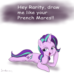 Size: 3000x3000 | Tagged: safe, artist:somebakaartist, starlight glimmer, pony, unicorn, g4, dialogue, draw me like one of your french girls, female, high res, lying down, simple background, solo, white background