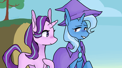 Size: 1091x613 | Tagged: safe, artist:vilesoup, starlight glimmer, trixie, pony, unicorn, g4, blushing, duo, female, lesbian, looking at each other, ship:startrix, shipping