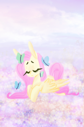 Size: 730x1095 | Tagged: safe, artist:piinoy, fluttershy, butterfly, pegasus, pony, g4, eyes closed, female, prone, smiling, solo, wings
