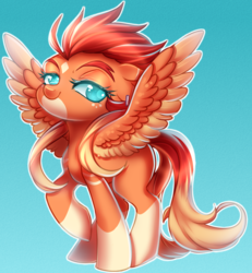 Size: 700x758 | Tagged: safe, artist:cabbage-arts, oc, oc only, oc:phoenix blitz, pegasus, pony, coat markings, colored pupils, commission, commissioner:skyraheartsong, ear piercing, female, gradient background, looking at you, mare, pegasus oc, piercing, raised hoof, socks (coat markings), solo, spread wings, wings
