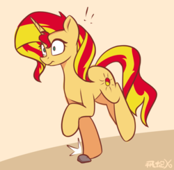 Size: 704x690 | Tagged: safe, artist:puetsua, sunset shimmer, pony, unicorn, g4, female, mare, simple background, solo, stone, this will end in pain, tripping
