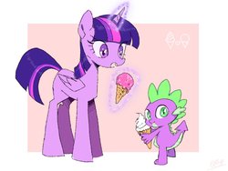 Size: 1024x768 | Tagged: safe, artist:kagitsuki, spike, twilight sparkle, alicorn, dragon, pony, g4, female, food, ice cream, ice cream cone, looking at you, looking back, looking back at you, male, mare, simple background, twilight sparkle (alicorn)