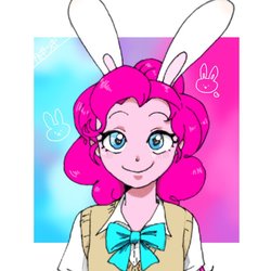 Size: 768x768 | Tagged: safe, artist:kagitsuki, pinkie pie, equestria girls, g4, bowtie, bunny ears, clothes, female, looking at you, smiling, solo