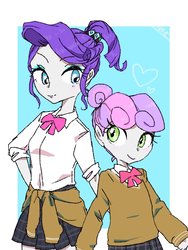 Size: 768x1024 | Tagged: safe, artist:kagitsuki, rarity, sweetie belle, equestria girls, g4, bowtie, clothes, female, sweater