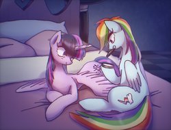 Size: 1117x851 | Tagged: safe, artist:xp_r6, rainbow dash, twilight sparkle, alicorn, pegasus, pony, g4, bed, bedroom, bedsheets, chromatic aberration, duo, female, lying down, lying on bed, mare, pillow, spread wings, twilight sparkle (alicorn), wings