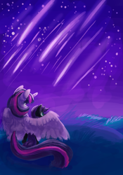 Size: 700x1000 | Tagged: artist needed, safe, twilight sparkle, oc, oc:nyx, alicorn, pony, g4, adopted offspring, drawthread, duo, female, filly, hug, mare, mother and daughter, night, request, shooting star, sitting, stargazing, starry night, twilight sparkle (alicorn), winghug