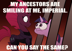 Size: 1181x844 | Tagged: safe, artist:mickeymonster, edit, tempest shadow, twilight sparkle, alicorn, pony, unicorn, g4, my little pony: the movie, armor, broken horn, cage, eye contact, eye scar, female, frown, glare, horn, image macro, looking at each other, mare, meme, open up your *very* eyes, open up your eyes, role reversal, scar, skyrim, special eyes, the elder scrolls, twilight sparkle (alicorn), wide eyes