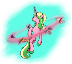 Size: 1400x1240 | Tagged: safe, artist:sirvalter, oc, oc only, pony, unicorn, brush, feather, female, knitting needles, magic, mare, microphone, palette, scissors, scroll, simple background, solo, telekinesis, thread, transparent background
