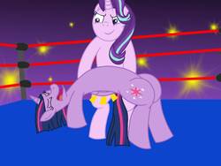 Size: 1600x1200 | Tagged: safe, artist:toyminator900, starlight glimmer, twilight sparkle, alicorn, pony, unicorn, g4, bipedal, camera flashes, fight, sports, twilight sparkle (alicorn), wrestling