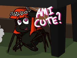 Size: 2000x1500 | Tagged: safe, artist:threetwotwo32232, oc, oc only, monster pony, original species, spider, spiderpony, dialogue, floral head wreath, flower, looking at you, solo, table