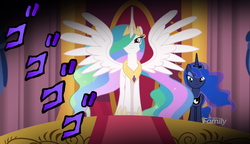 Size: 1880x1080 | Tagged: safe, screencap, princess celestia, princess luna, sunset shimmer, alicorn, pony, equestria girls, equestria girls specials, g4, my little pony equestria girls: better together, my little pony equestria girls: forgotten friendship, canterlot, discovery family logo, duo, female, jojo's bizarre adventure, mare, menacing, spread wings, the prodigal sunset, wings, ゴ ゴ ゴ