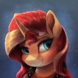 Size: 2900x2900 | Tagged: safe, artist:vanillaghosties, sunset shimmer, pony, unicorn, g4, bust, clothes, cute, equestria girls outfit, female, high res, horn, jacket, mare, portrait, shimmerbetes, smiling, solo