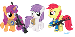 Size: 8000x4000 | Tagged: safe, artist:jupiter-rainbow, artist:rain bow, oc, oc:apple bomb, oc:scoutaloo, oc:sweater belle, earth pony, pegasus, pony, unicorn, fallout equestria, fallout equestria: star dust, assault rifle, clothes, feather beat, female, filly, glowing horn, group, gun, hooves, horn, levitation, magic, midwestern crusaders, optical sight, ratslayer, rifle, saddle bag, simple background, sniper rifle, spread wings, submachinegun, tactical smg, telekinesis, transparent background, trio, uniform, varmint rifle, wasteland, wasteland crusaders, weapon, wings, wonderbolt trainee uniform