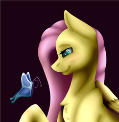 Size: 700x720 | Tagged: safe, artist:amcirken, fluttershy, butterfly, pegasus, pony, g4, black background, chest fluff, female, folded wings, lineless, looking at something, looking down, mare, profile, raised hoof, simple background, smiling, solo, wings